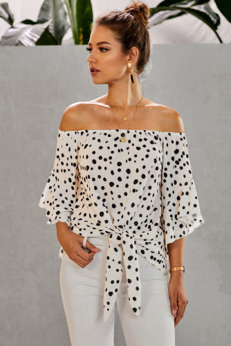 Cream Black Polka Dot Bell Sleeve Off Shoulder Front Tie Knot Top