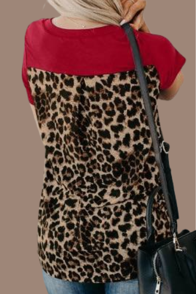Red Leopard Print V-Neck Color-block Knit Tee