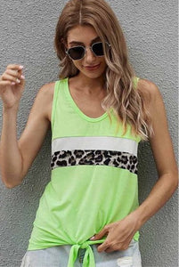 Neon Green Tie Front with Leopard Stripe Sleeveless shirt