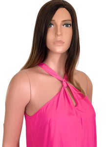 Fuchsia Pink Halter Tie Back Silky Dress