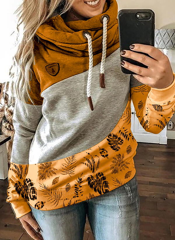 Fall Print Color Block Hooded Sweatshirt