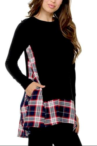 •Long sleeve, round neck    •Loose tunic style, perfect casual outfit  •Plaid patchwork accent, style with pockets  •Soft cozy knit    •Pair this top with jeans or leggings  True to size guide