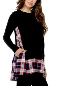 •Long sleeve, round neck    •Loose tunic style, perfect casual outfit  •Plaid patchwork accent, style with pockets  •Soft cozy knit    •Pair this top with jeans or leggings  True to size guide