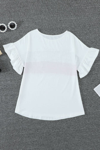 White Leopard Fuchsia Color Block Ruffled Short Sleeve Tee