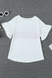 White Leopard Fuchsia Color Block Ruffled Short Sleeve Tee