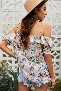 Mauve Floral Strappy Ruffled Sleeve Off Shoulder Blouse