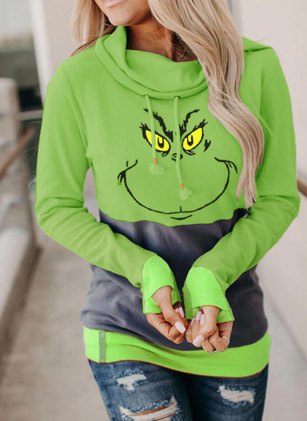 Green Color-block Cowl Neck Hooded Sweatshirt