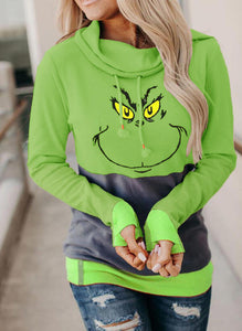 Green Color-block Cowl Neck Hooded Sweatshirt