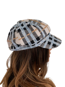 Blue, black and white plaid tweed hat. Is adjustable. This is a high quality hat. One size