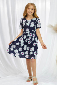Girls Navy Blue Daisy Print Chiffon Dress with Pockets