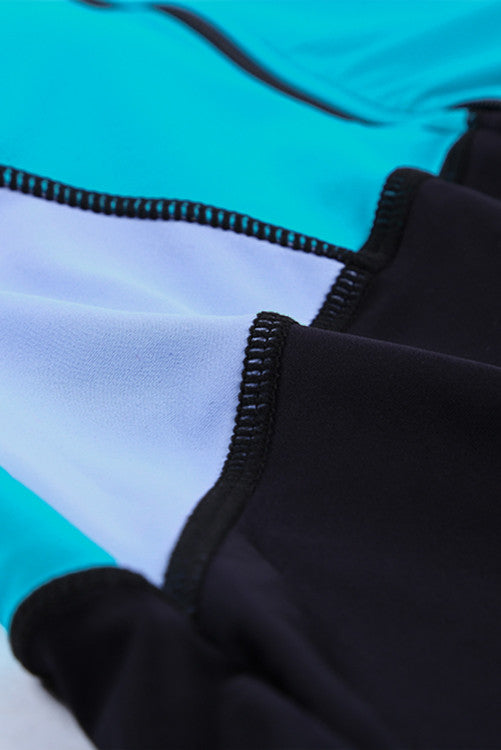 Teal Green Color Block Zip Up Rashguard Sports Top