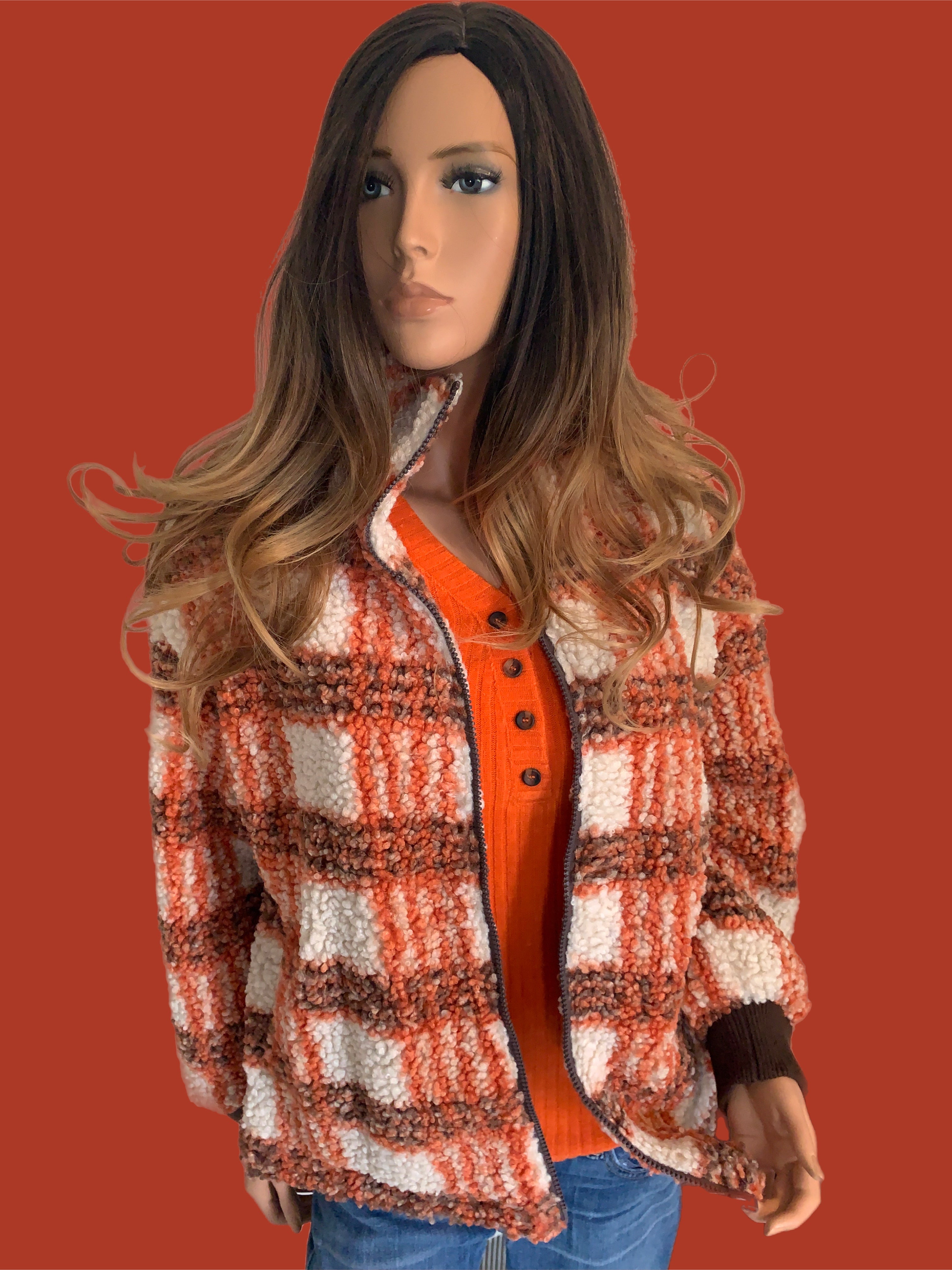 Rust Brown Plaid Teddy Bear Jacket