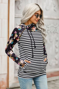 Black and White Striped Floral Print Double Hoodie