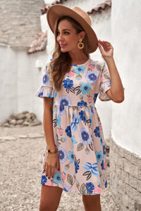 Pink and blue floral ruffled sleeve empire waist sundress. This beautiful colorful floral print dress is a must have this Summer. You can pair it with heels, wedges, or sandals. This tunic dress is such a flattering fit. Nice cotton blend knit fabric. Loose and comfy.