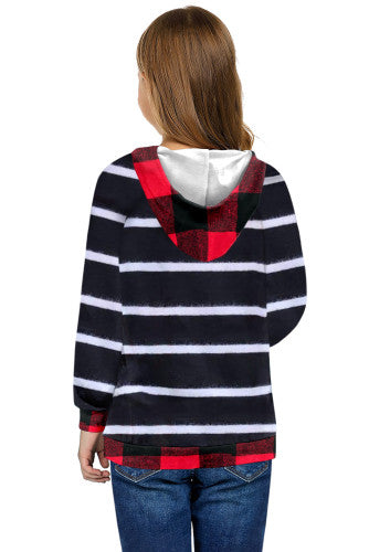 Girls Buffalo Plaid Striped Lightweight Hoodie w/ Pockets
