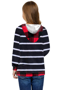 Girls Buffalo Plaid Striped Lightweight Hoodie w/ Pockets