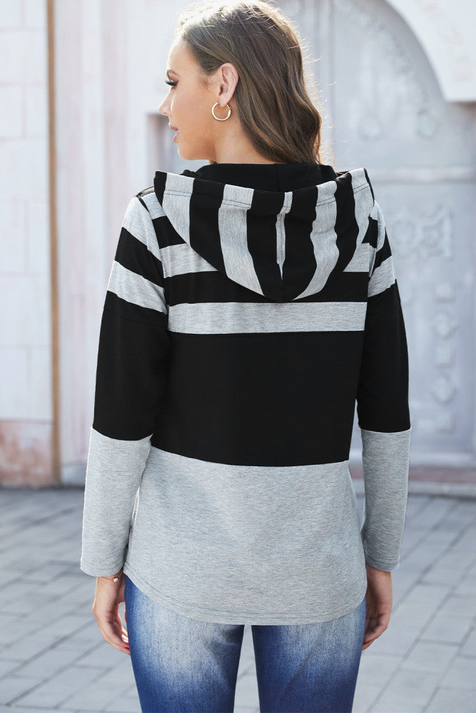 Gray and Black Striped Colorblock Lightweight Hoodie