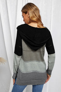 Black Charcoal Gray Color-block Hooded Sweater