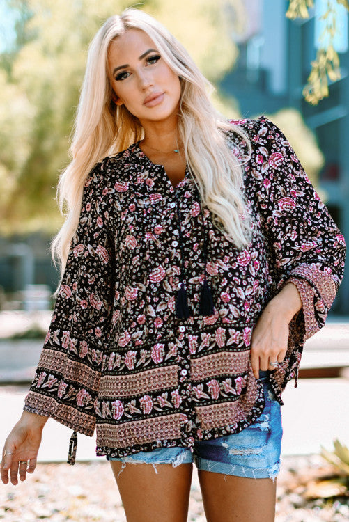 Black Vintage Boho Button Up Blouse