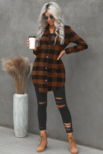 Brown Plaid Snap Up Long Flannel Shirt