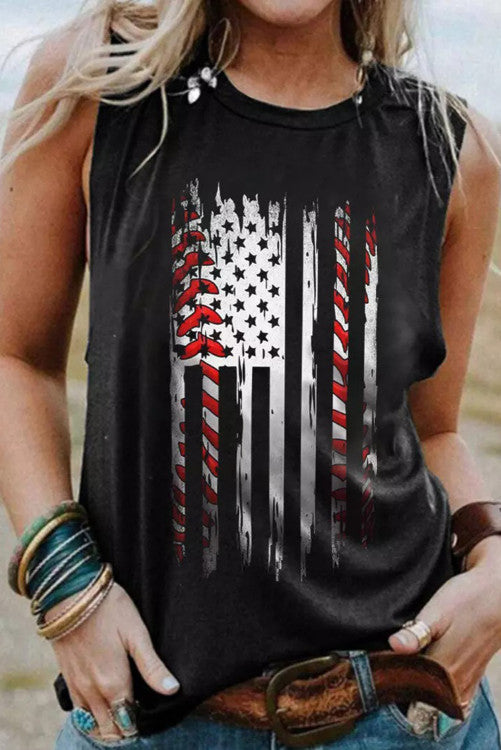 Charcoal Black Baseball American Flag Print Sleeveless Tee