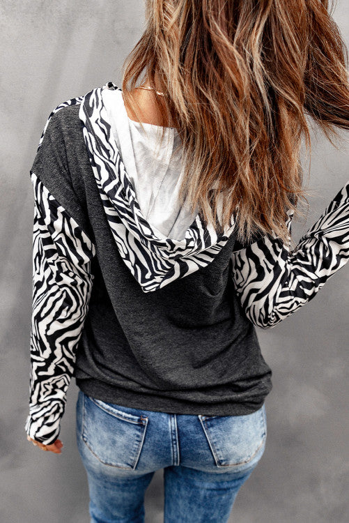 Zebra Print Kangaroo Pocket Half Zip Hoodie