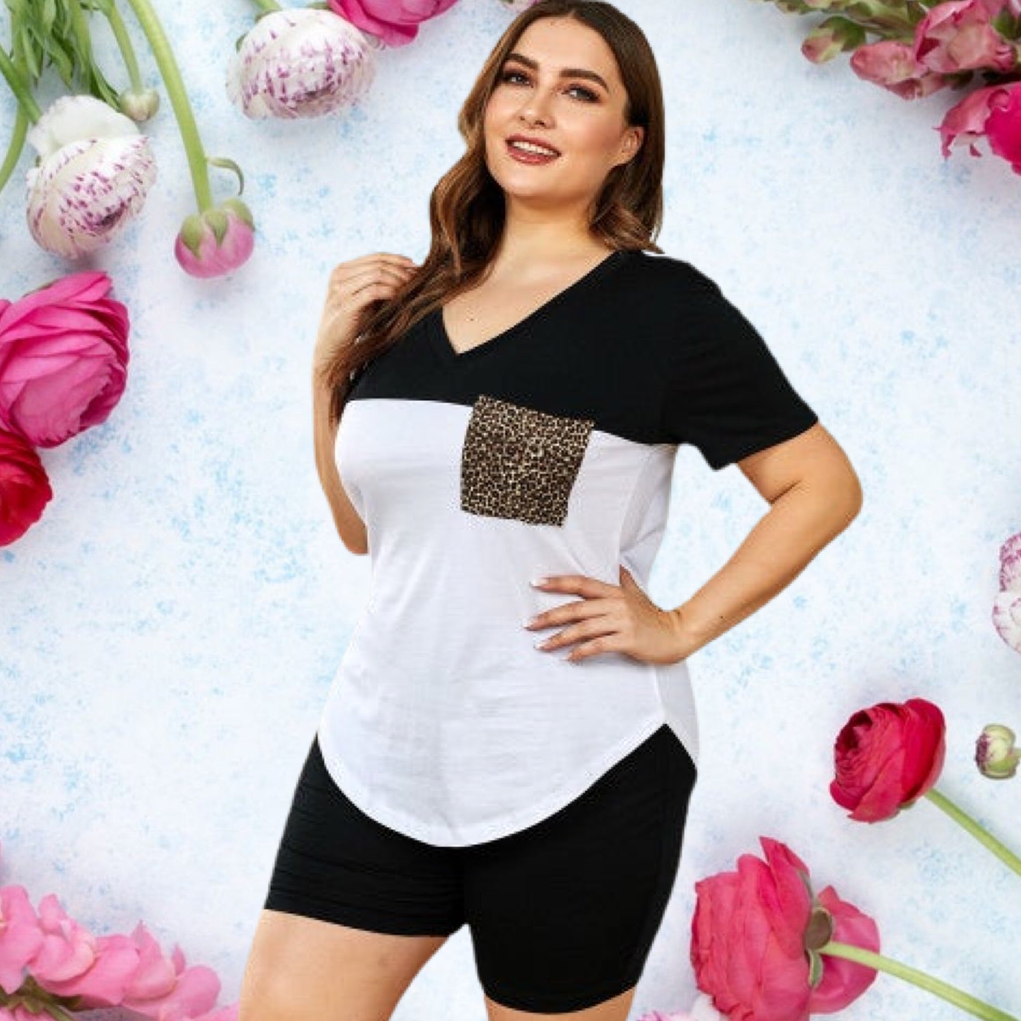 Curvy Size Black Leopard Pocket Tee & Shorts Lounge Set