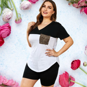 Curvy Size Black Leopard Pocket Tee & Shorts Lounge Set