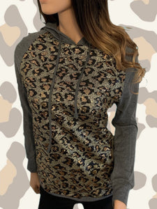 Allover Front Leopard Print Sequins Gray Hoodie