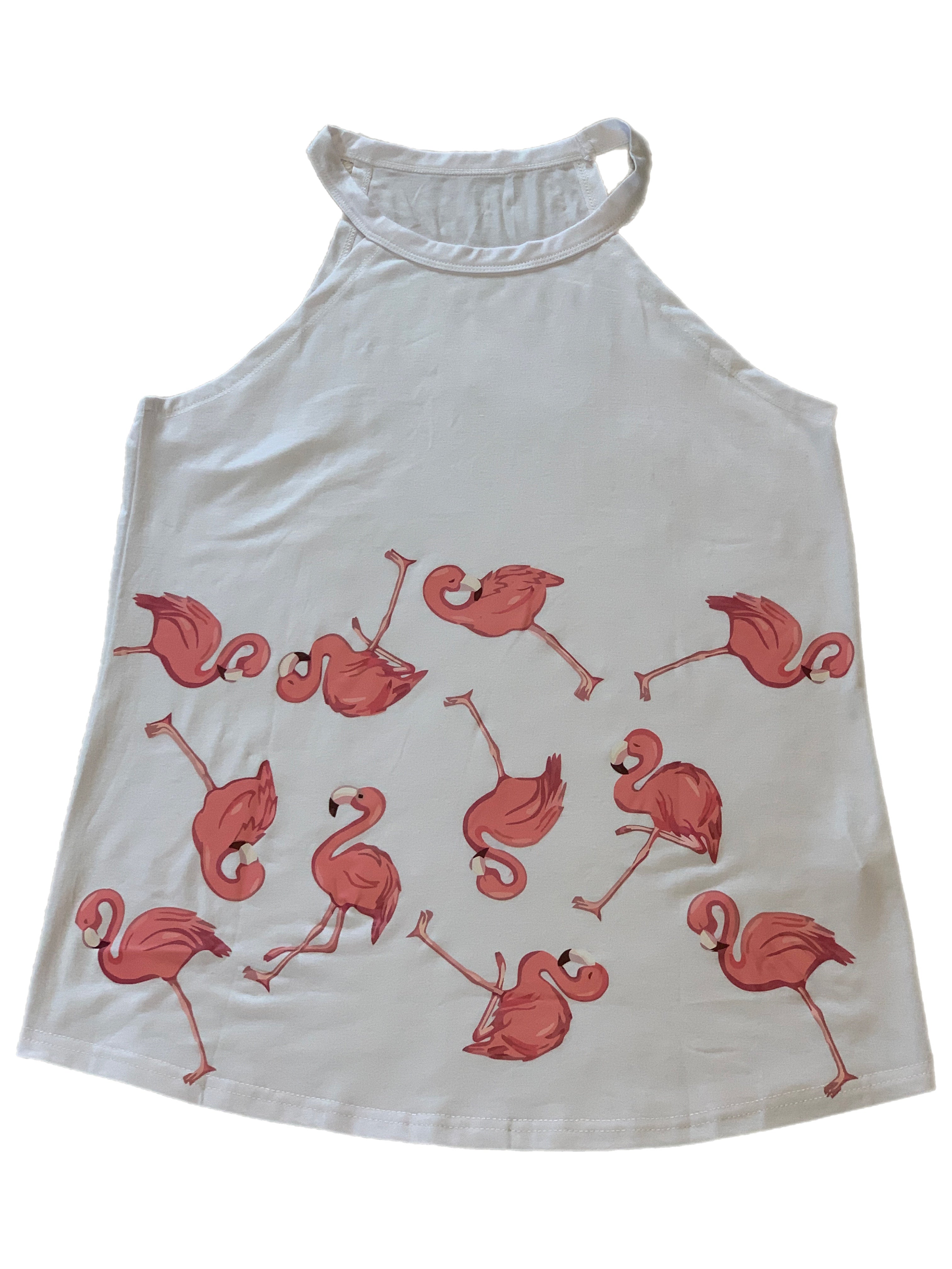 White Pink Flamingo Flock Halter Tank