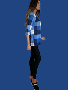 Blue Plaid Half Zip Long Sleeves Casual Shirt