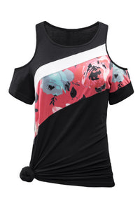 Red Floral Colorblock Cold Shoulder Tee-Final sale!