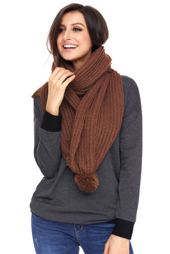Brown Pom Pom Ribbed Knit Scarf