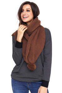 Brown Pom Pom Ribbed Knit Scarf