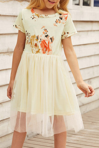 Girls Pastel Yellow Floral Empire Waist Tulle Dress
