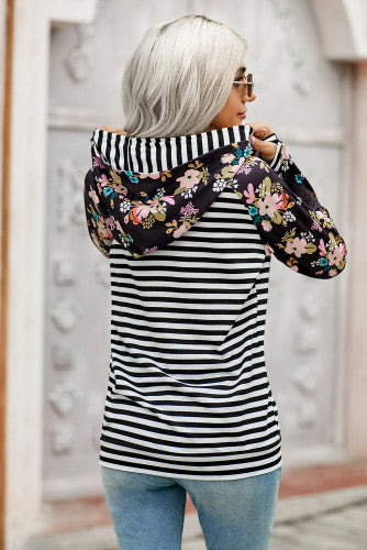 Black and White Striped Floral Print Double Hoodie