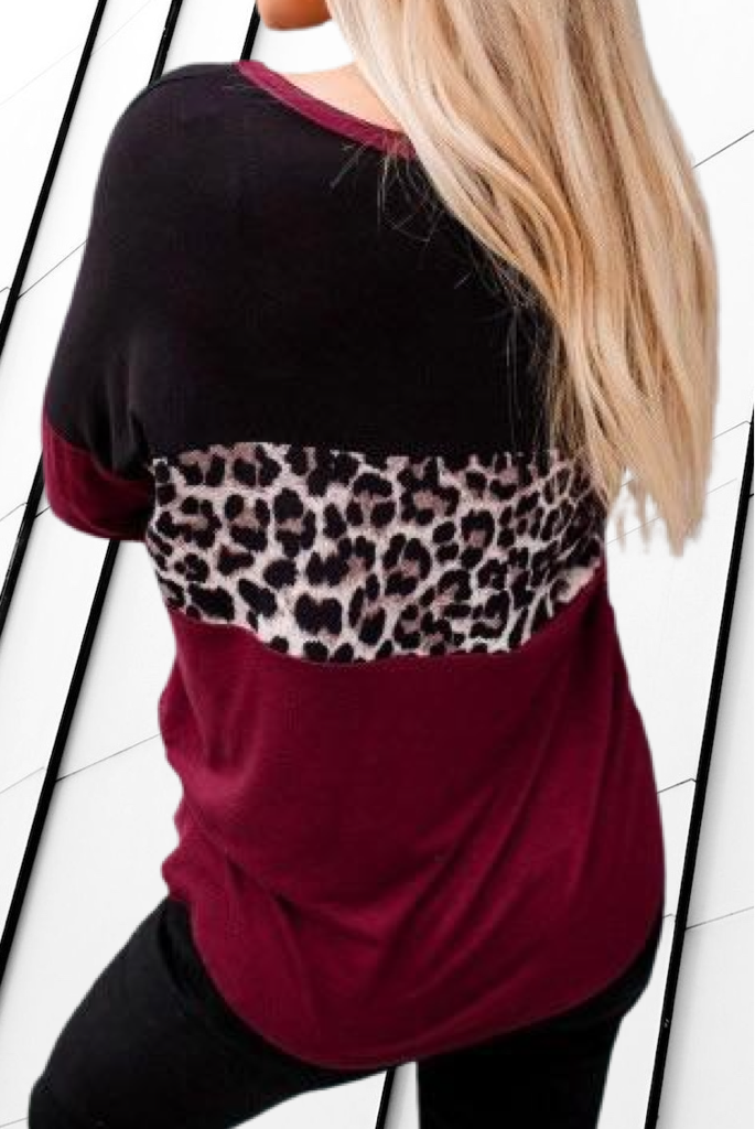 Burgundy Black Leopard Print Color Block Tie Hem Raglan Sleeve Shirt