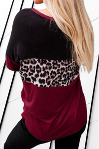 Burgundy Black Leopard Print Color Block Tie Hem Raglan Sleeve Shirt