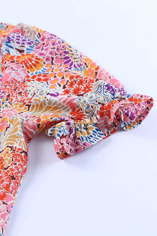 Multi Colored Floral Bubble Sleeve Tee Blouse