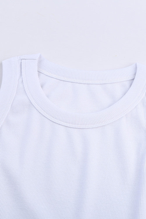 Solid White Round Neck Ribbed Tank Top