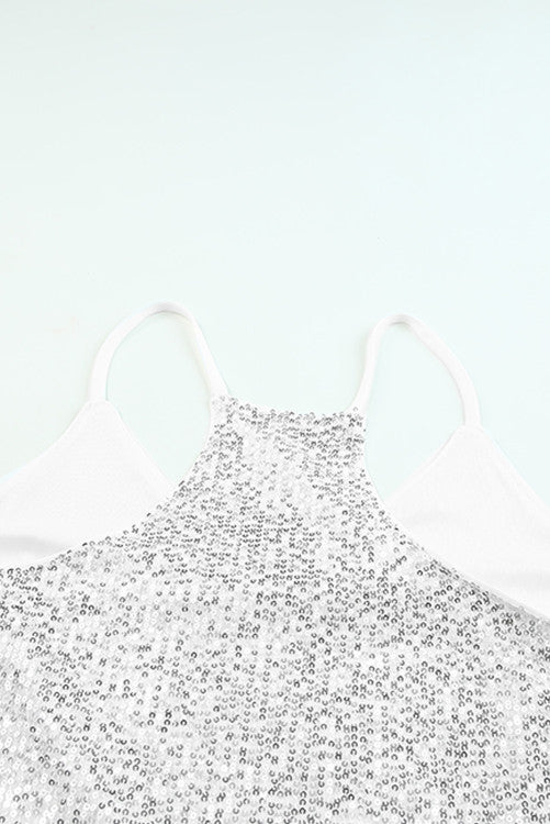 White with Silver Sequins V-neck Strappy Tank