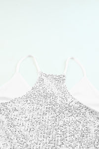 White with Silver Sequins V-neck Strappy Tank