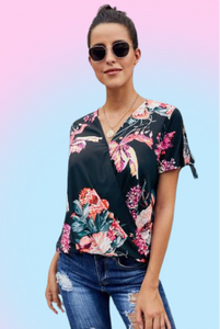 Navy Floral Draped Short Sleeve Blouse