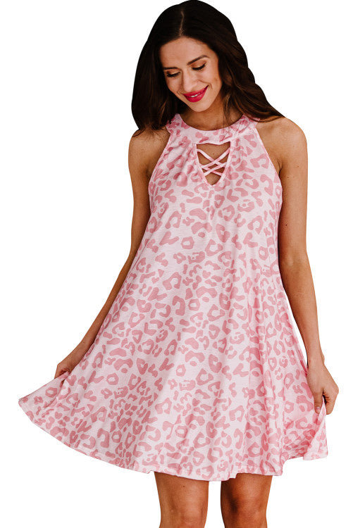 Pink Leopard Sleeveless Halter Mini Dress
