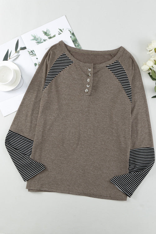 Brown Casual Striped Accent Crew Neck Henley Shirt