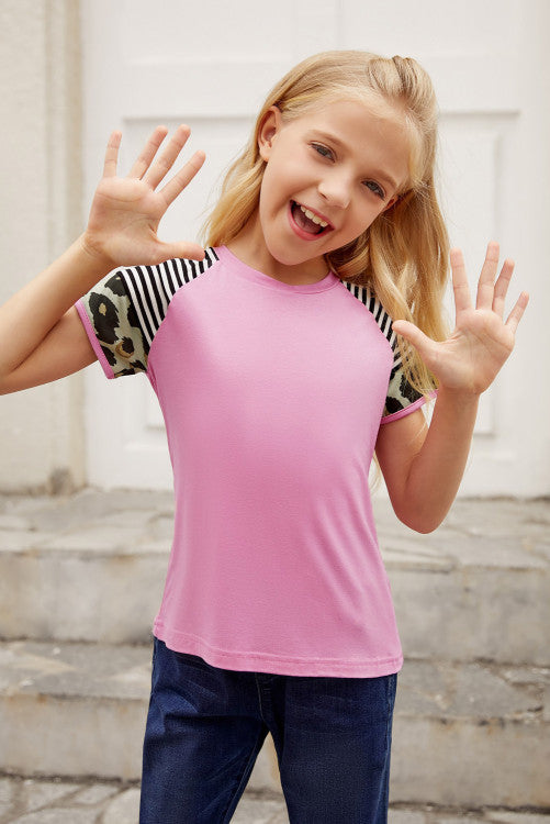 Girls Pink Striped Leopard Print Color Block Knit Tee
