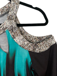Beautiful turquoise green with multi printed trim cold shoulder knit top. Elastic sleeve hem for easy length adjustment. Nice weight soft knit fabric. Nice quality top.