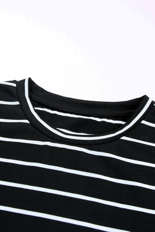 Black Tiered Lace Sleeve Striped Tee