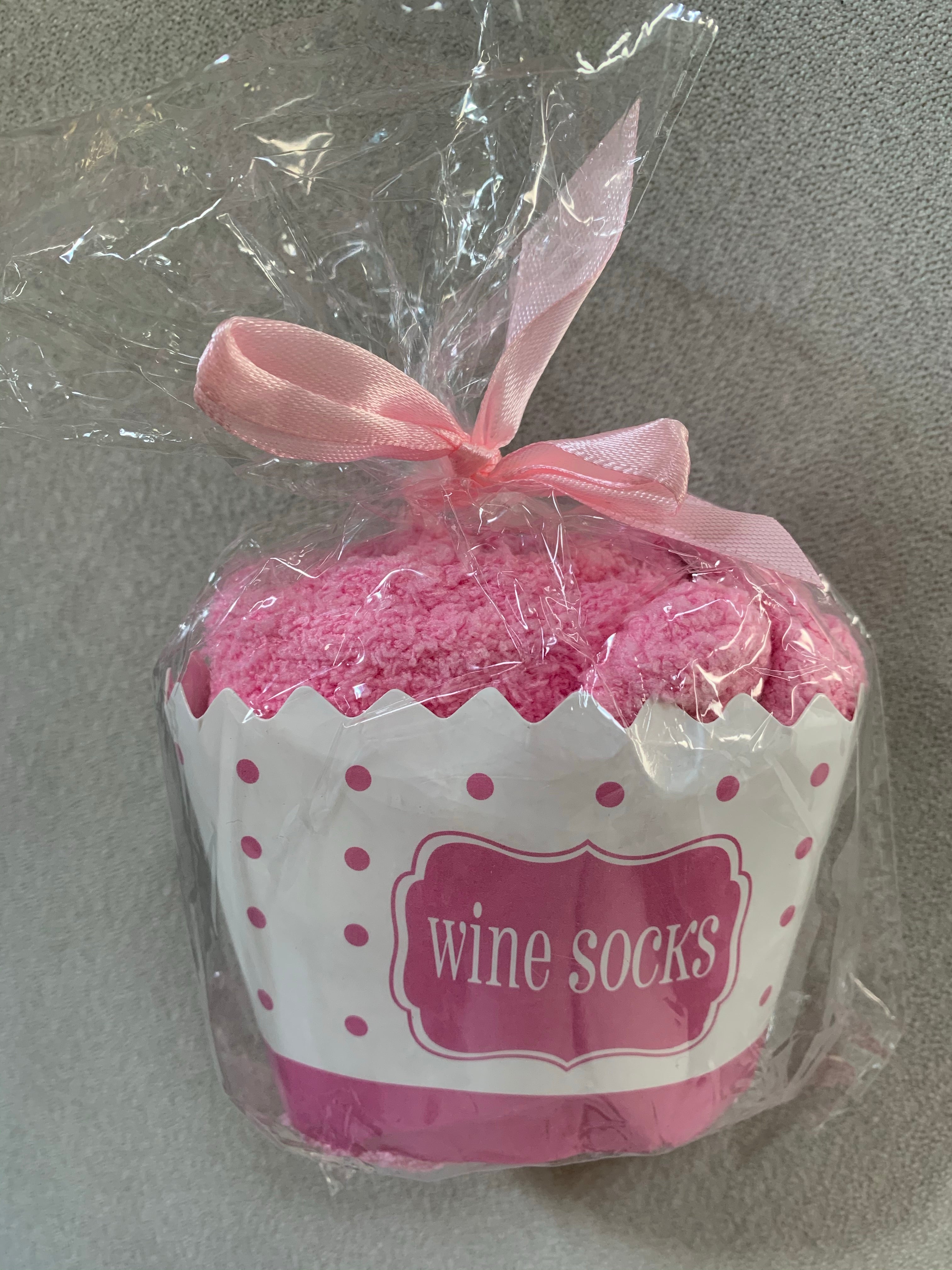 Pink Bring Me Wine Cotton Socks  Pink poly cotton socks, to give as a gift or keep for yourself!  Comes in a cute cupcake looking package. 