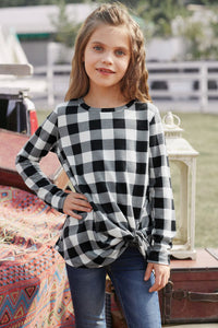 Girls Black and White Plaid Knotted Long-sleeve Top